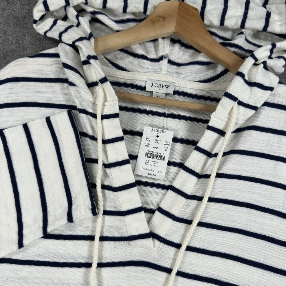 J.Crew Shirt Womens XL White Navy Stripe Hooded V Neck Jersey Pullover Top